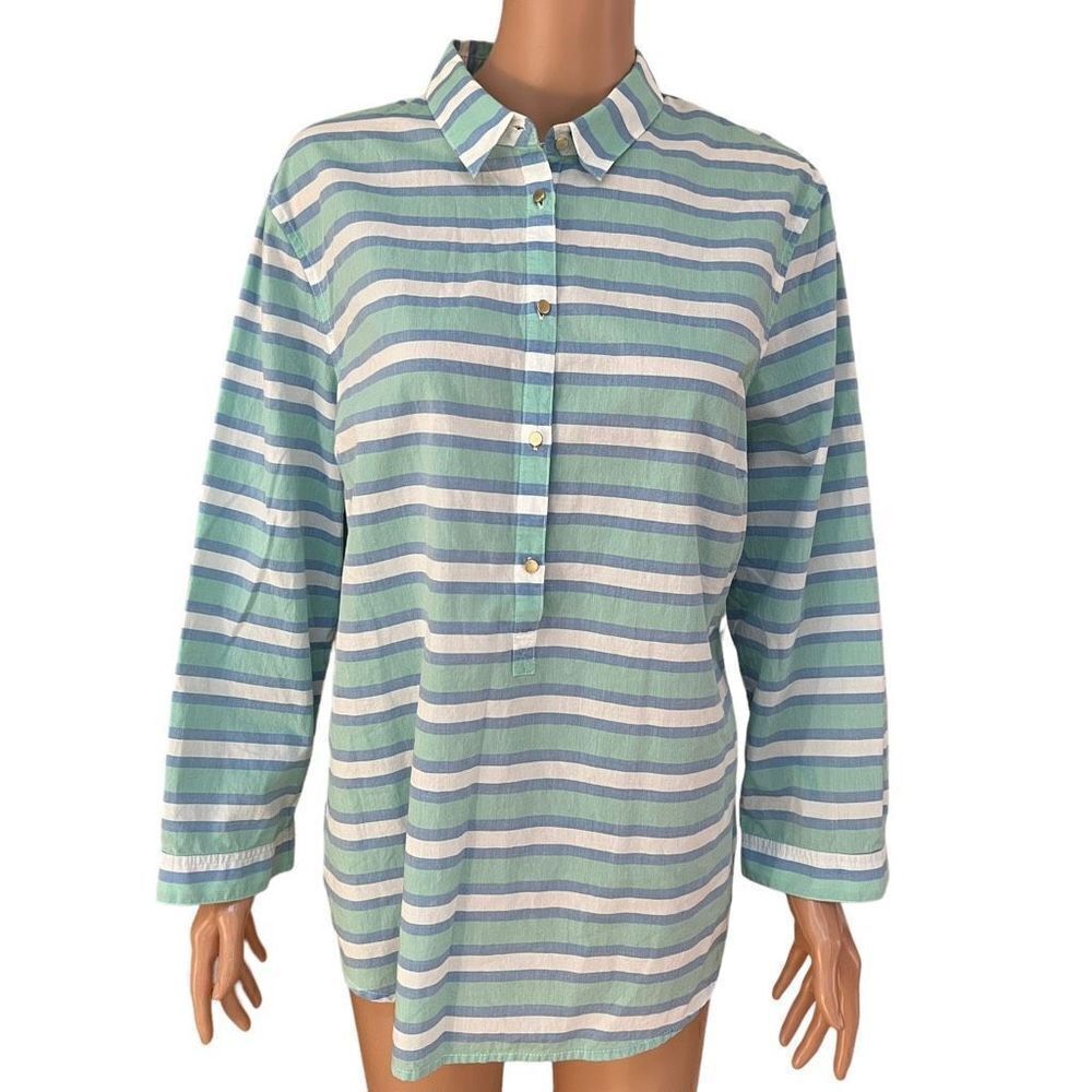 Lands End Womens Green White Blue Stripe Popover Blouse Top Shirt 3/4 Sleeve 16